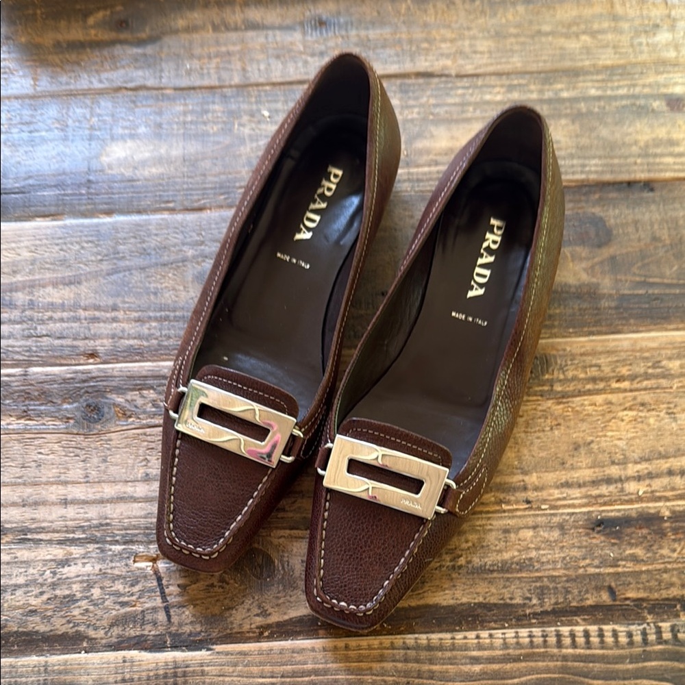 Prada Brown Leather Flats with Gold Hardware